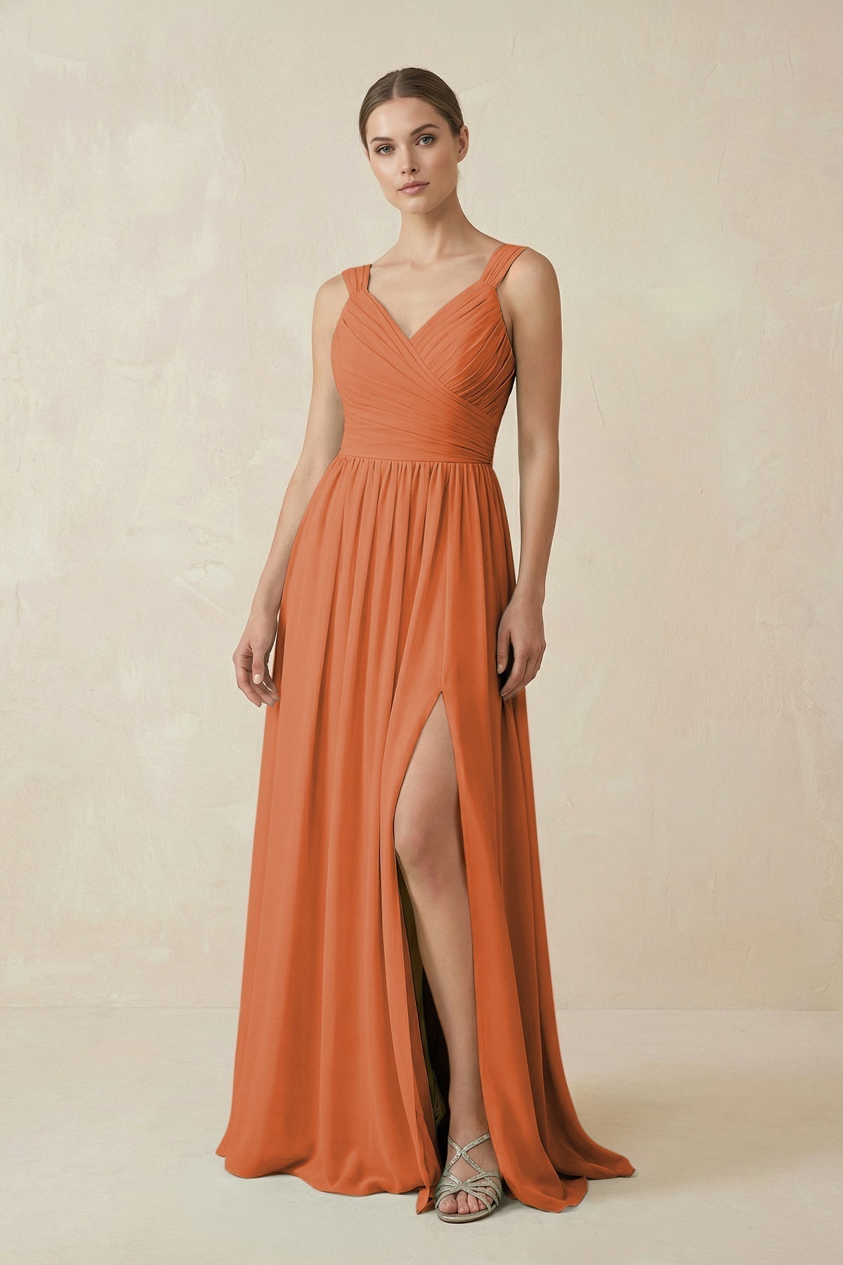 A-Line Pleated Chiffon Long Bridesmaid Dress in Terracotta