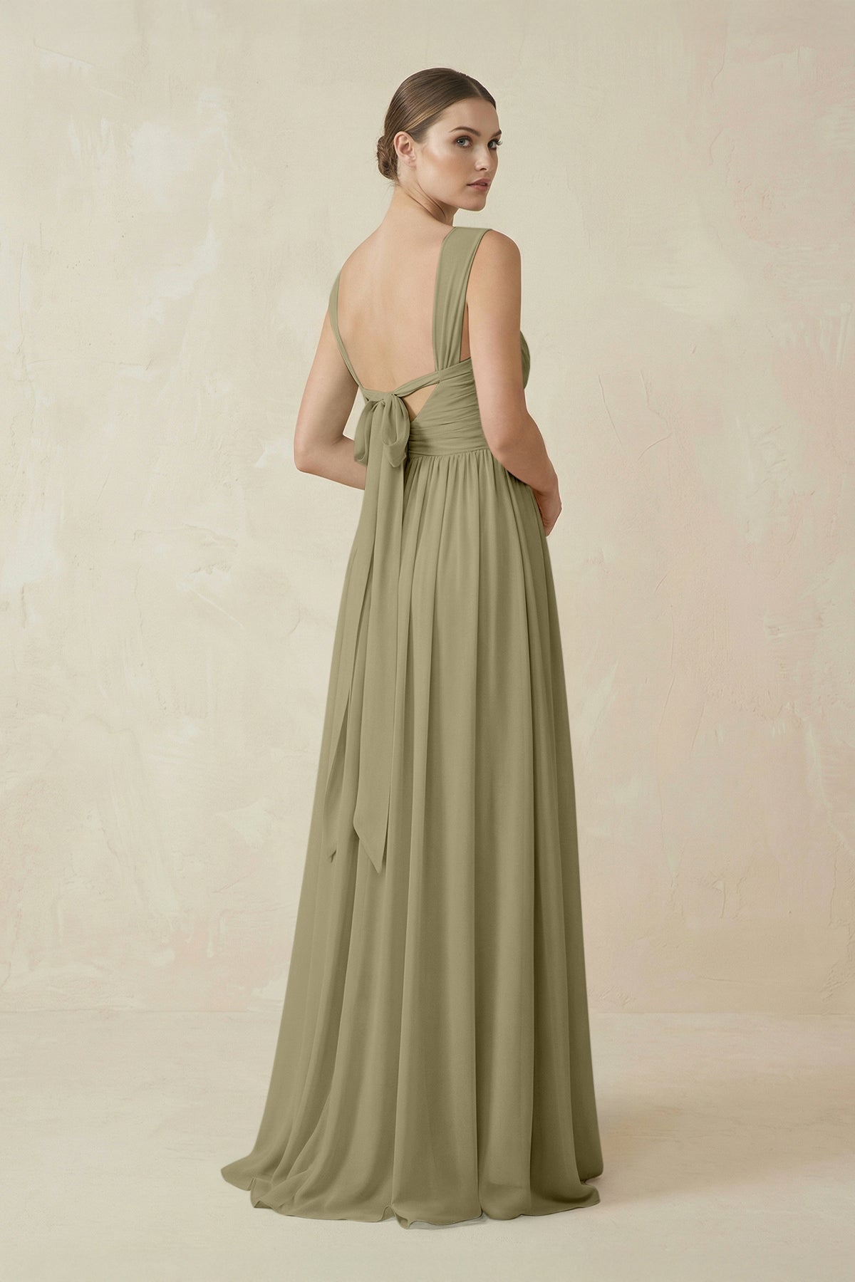 A-Line Pleated Chiffon Long Bridesmaid Dress in Thyme