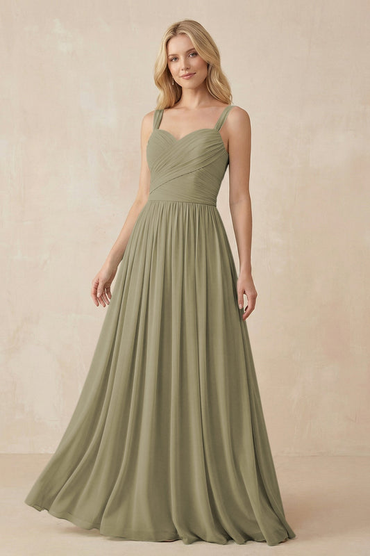 A-Line Pleated Long Chiffon Bridesmaid Dress in Thyme