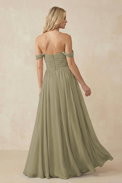 A-Line Pleated Long Chiffon Bridesmaid Dress in Thyme