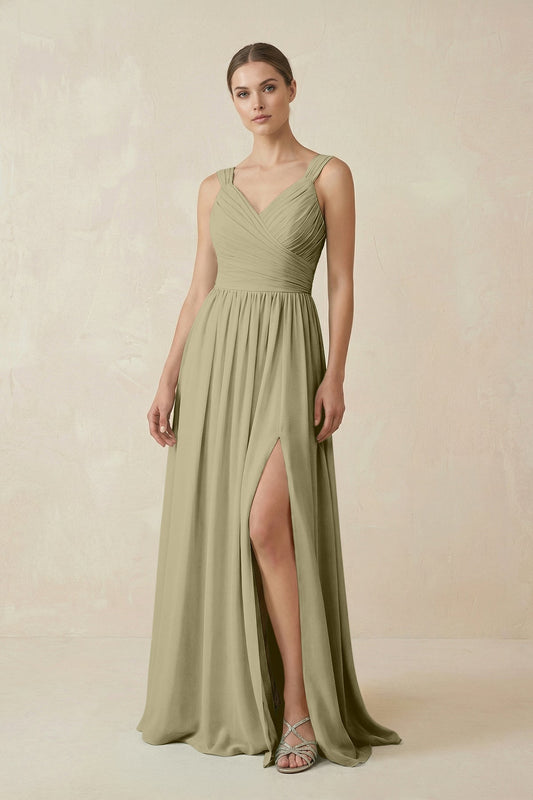 A-Line Pleated Chiffon Long Bridesmaid Dress in Thyme