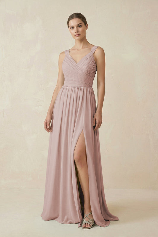 A-Line Pleated Chiffon Long Bridesmaid Dress in Toffee