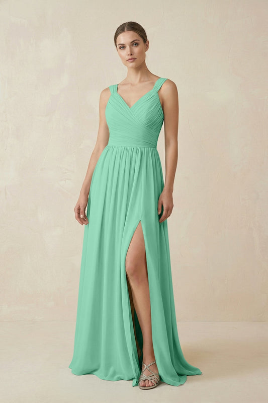 A-Line Pleated Chiffon Long Bridesmaid Dress in Turquoise