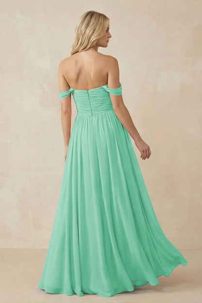 A-Line Pleated Long Chiffon Bridesmaid Dress in Turquoise