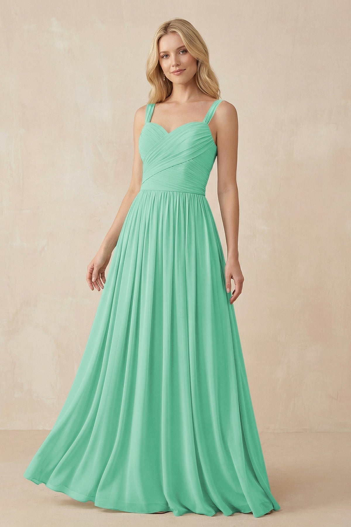A-Line Pleated Long Chiffon Bridesmaid Dress in Turquoise