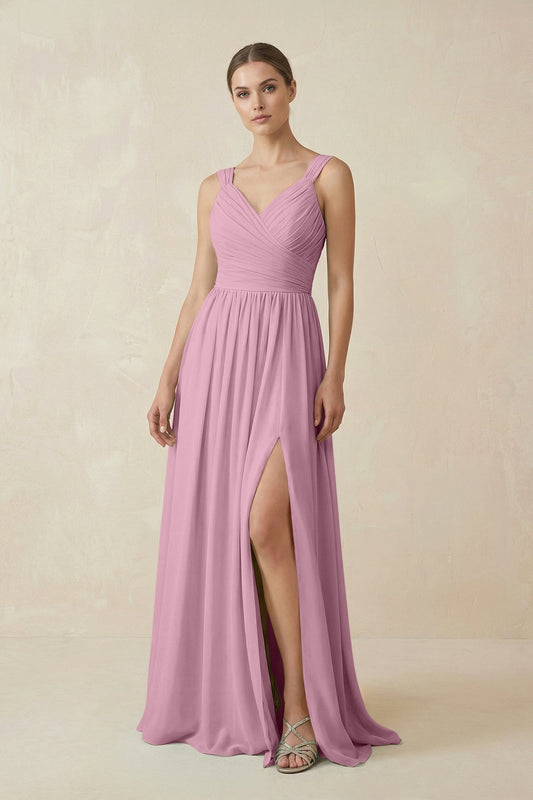 A-Line Pleated Chiffon Long Bridesmaid Dress in Vintage Mauve