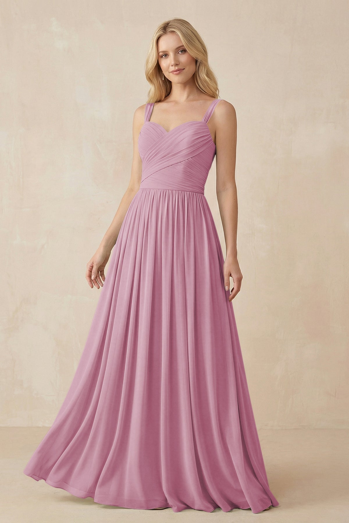 A-Line Pleated Long Chiffon Bridesmaid Dress in Vintage Mauve