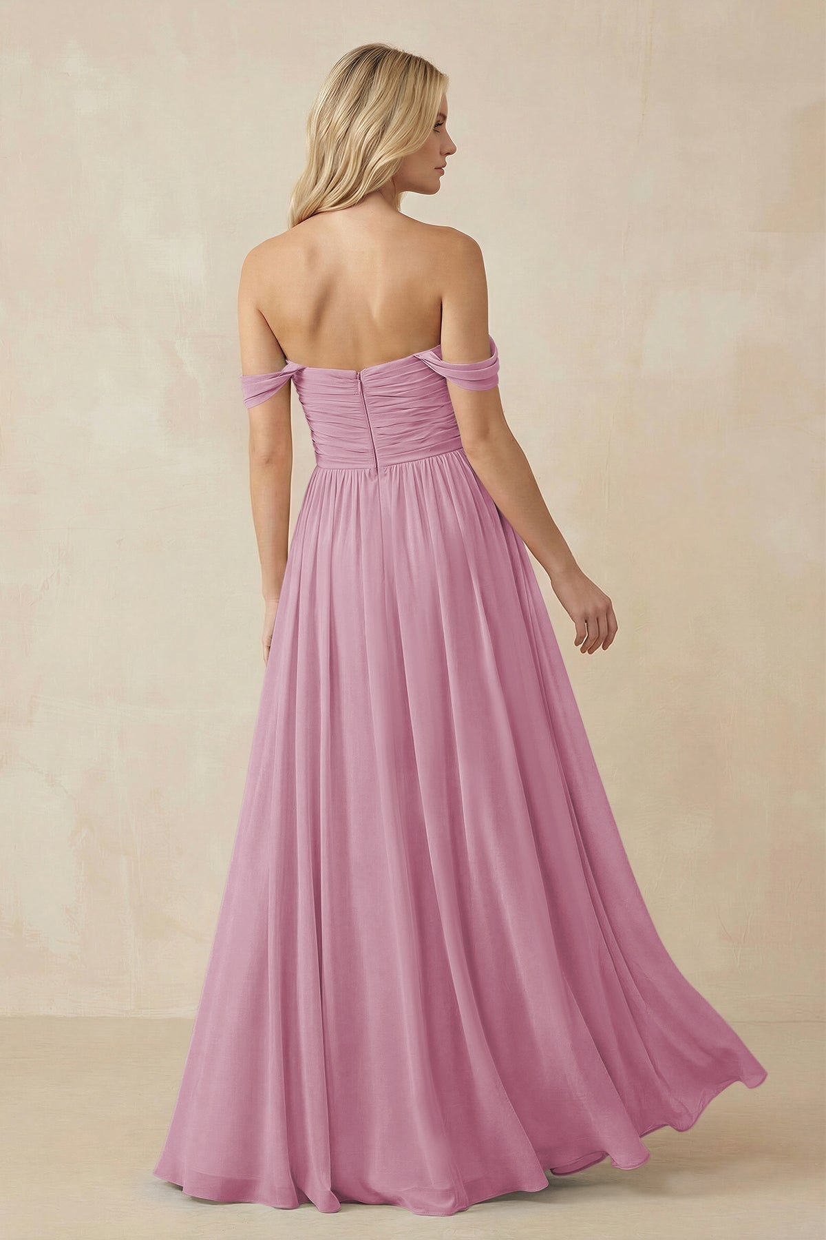 A-Line Pleated Long Chiffon Bridesmaid Dress in Vintage Mauve