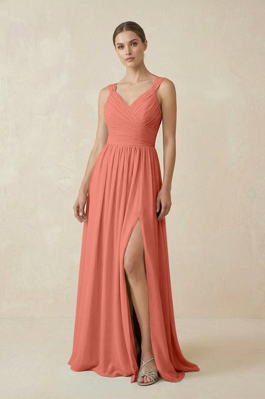A-Line Pleated Chiffon Long Bridesmaid Dress in Wild Rose