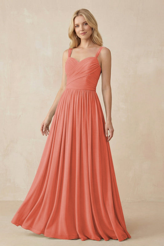 A-Line Pleated Long Chiffon Bridesmaid Dress in Wild Rose