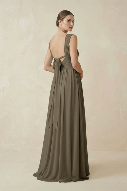 A-Line Pleated Chiffon Long Bridesmaid Dress in Willow Green