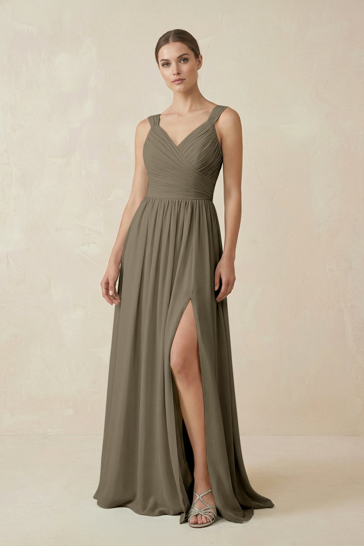 A-Line Pleated Chiffon Long Bridesmaid Dress in Willow Green