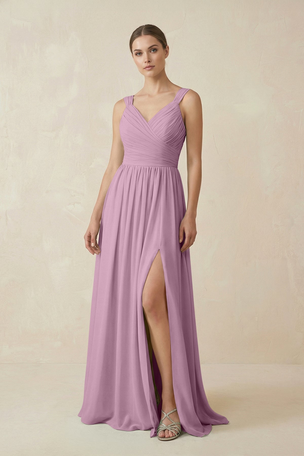 A-Line Pleated Chiffon Long Bridesmaid Dress in Wisteria