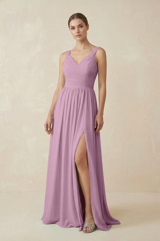 A-Line Pleated Chiffon Long Bridesmaid Dress in Wisteria