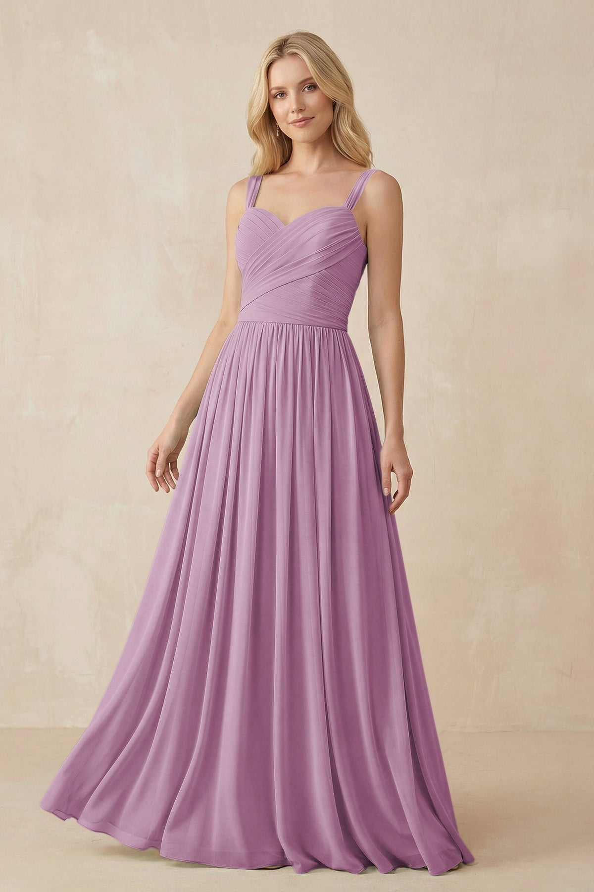 A-Line Pleated Long Chiffon Bridesmaid Dress in Wisteria