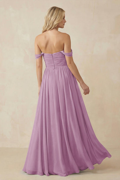 A-Line Pleated Long Chiffon Bridesmaid Dress in Wisteria