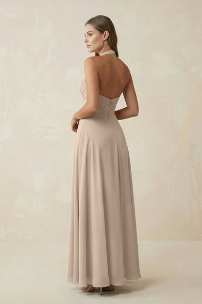 A-Line Pleated Chiffon V-Neck Bridesmaid Dress in Almond