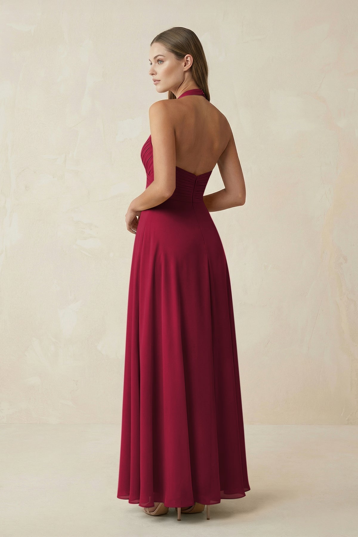 A-Line Pleated Chiffon V-Neck Bridesmaid Dress in Berry
