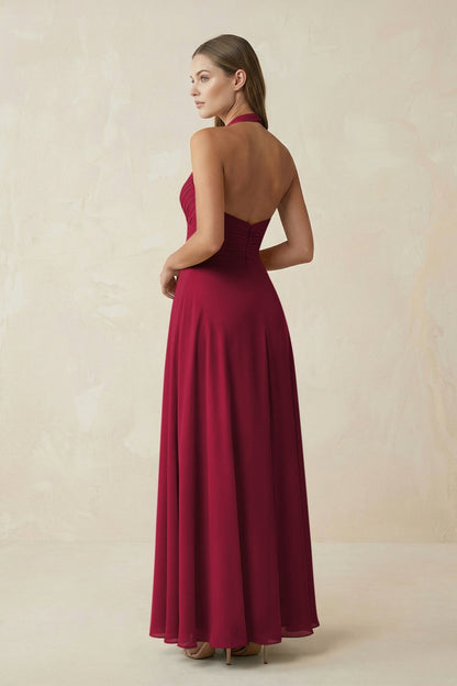A-Line Pleated Chiffon V-Neck Bridesmaid Dress in Berry