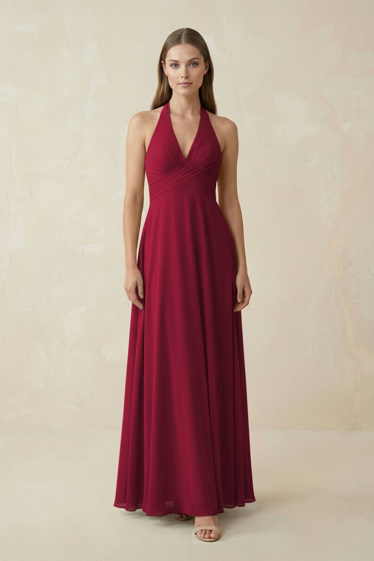 A-Line Pleated Chiffon V-Neck Bridesmaid Dress in Berry