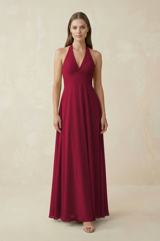 A-Line Pleated Chiffon V-Neck Bridesmaid Dress in Berry