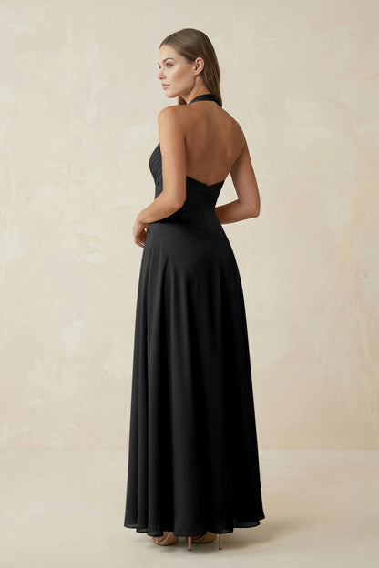 A-Line Pleated Chiffon V-Neck Bridesmaid Dress in Black