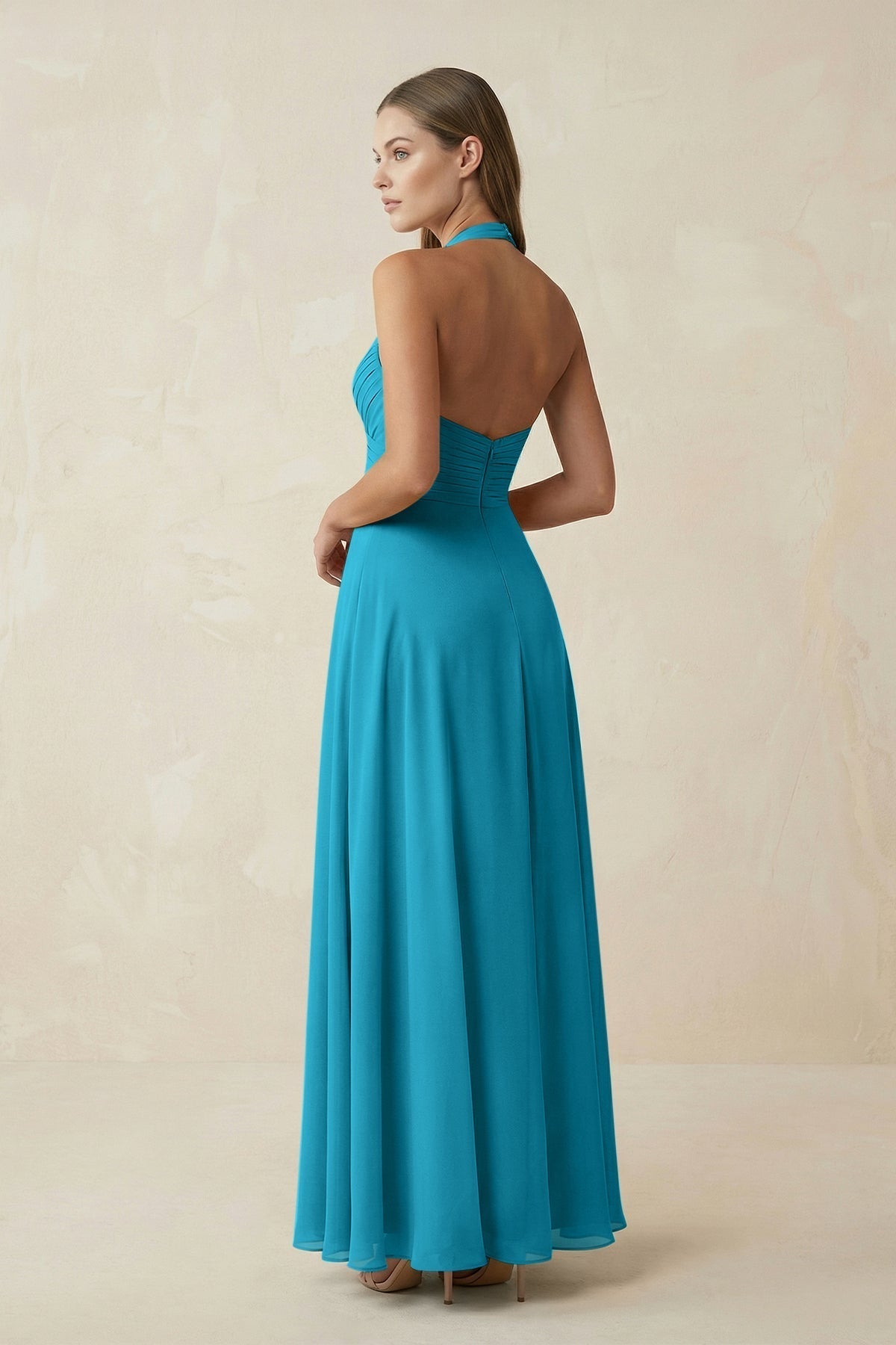 A-Line Pleated Chiffon V-Neck Bridesmaid Dress in Blue Jay
