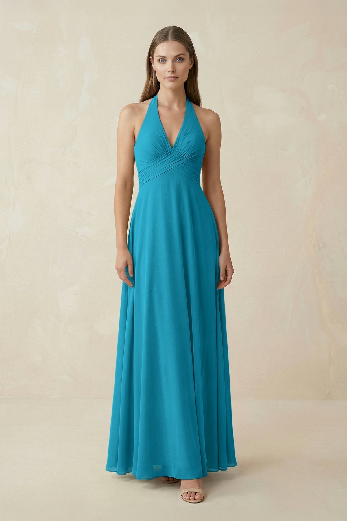A-Line Pleated Chiffon V-Neck Bridesmaid Dress in Blue Jay