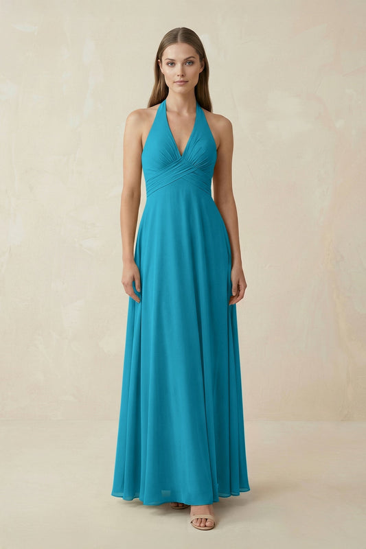 A-Line Pleated Chiffon V-Neck Bridesmaid Dress in Blue Jay