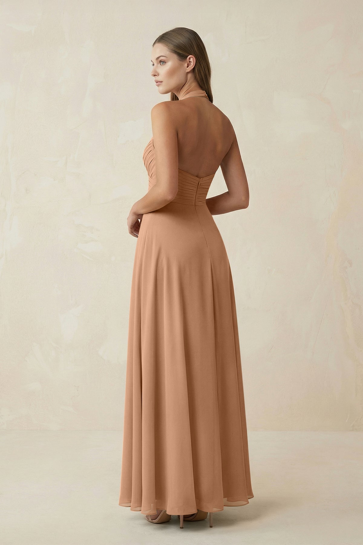 A-Line Pleated Chiffon V-Neck Bridesmaid Dress in Bronzer