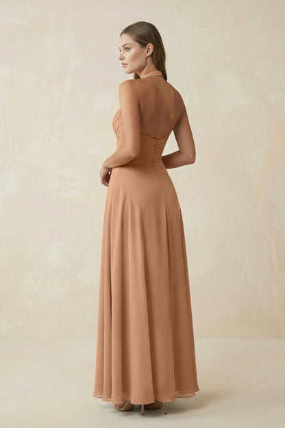 A-Line Pleated Chiffon V-Neck Bridesmaid Dress in Bronzer