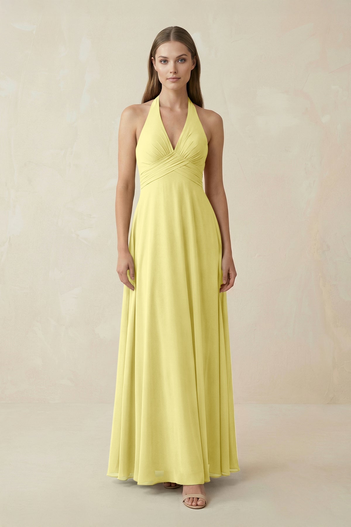 A-Line Pleated Chiffon V-Neck Bridesmaid Dress in Buttercup