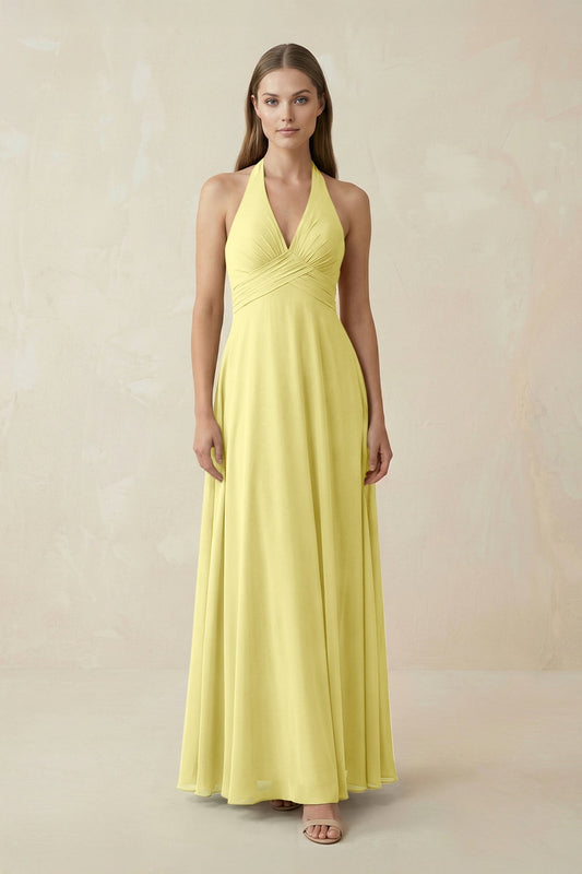 A-Line Pleated Chiffon V-Neck Bridesmaid Dress in Buttercup