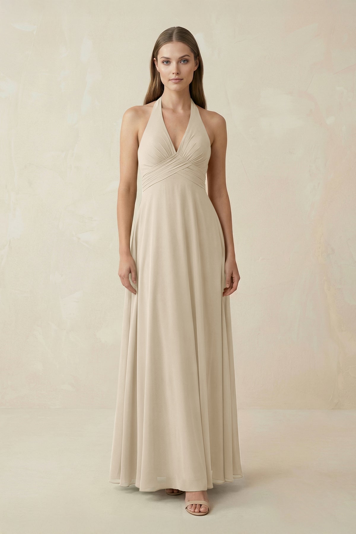 A-Line Pleated Chiffon V-Neck Bridesmaid Dress in Champagne