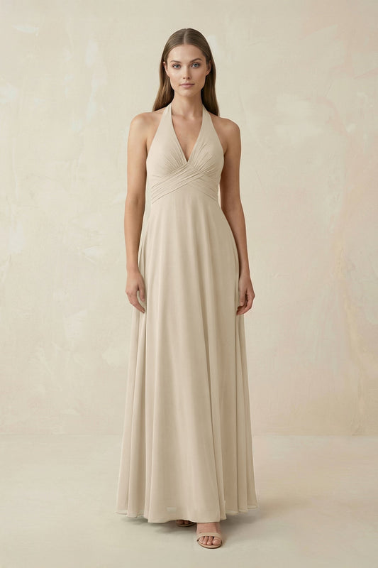 A-Line Pleated Chiffon V-Neck Bridesmaid Dress in Champagne