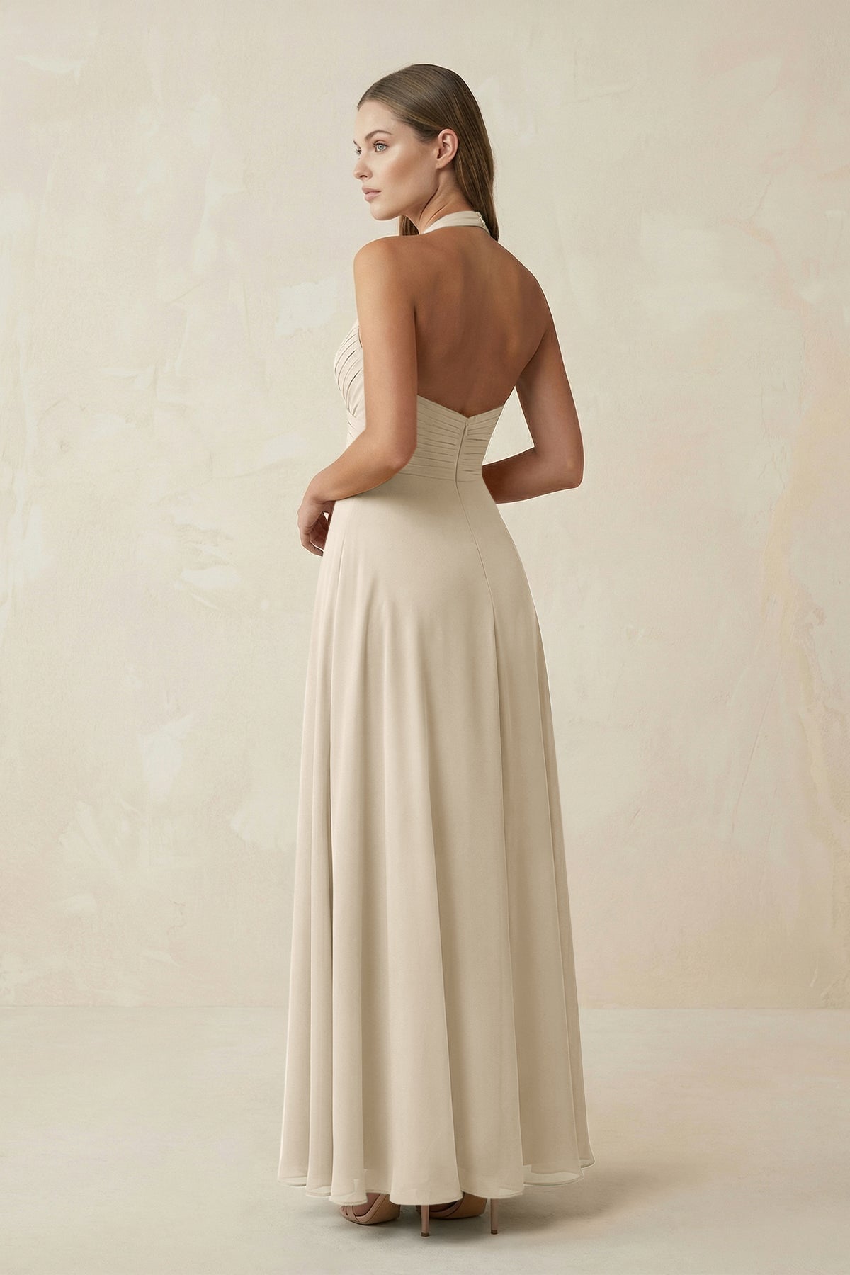 A-Line Pleated Chiffon V-Neck Bridesmaid Dress in Champagne