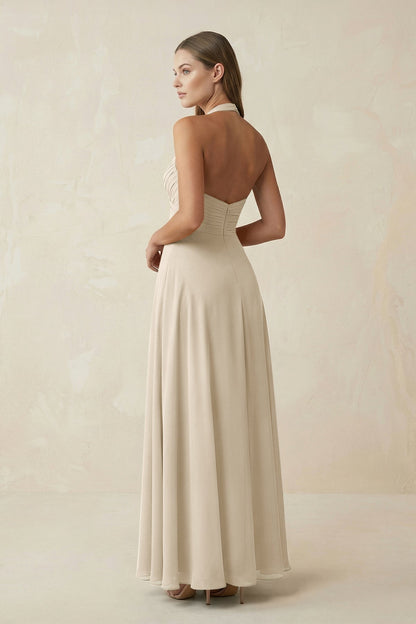 A-Line Pleated Chiffon V-Neck Bridesmaid Dress in Champagne