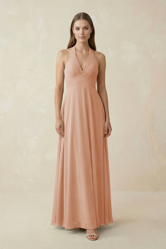 A-Line Pleated Chiffon V-Neck Bridesmaid Dress in Champagne Rose