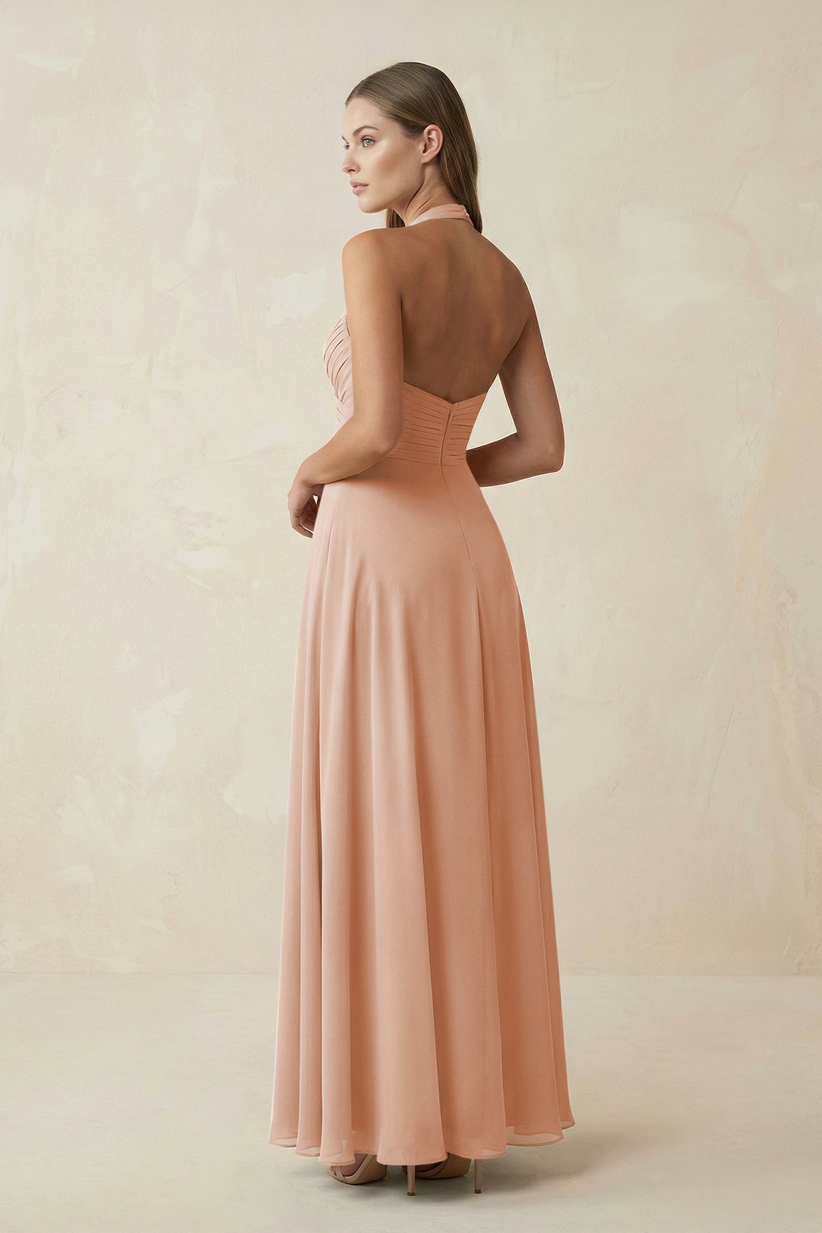 A-Line Pleated Chiffon V-Neck Bridesmaid Dress in Champagne Rose