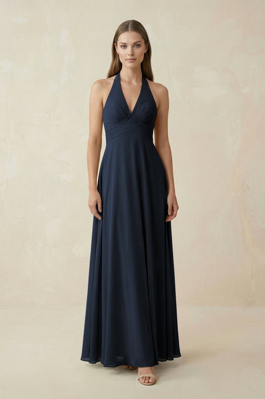 A-Line Pleated Chiffon V-Neck Bridesmaid Dress in Dark Navy