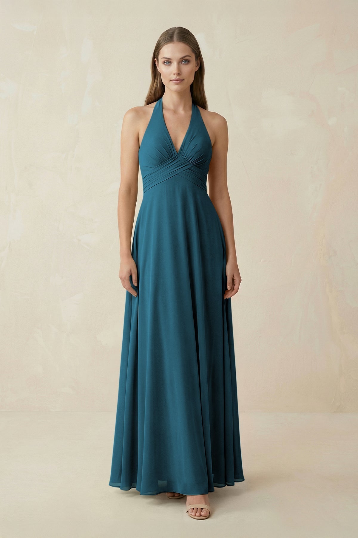 A-Line Pleated Chiffon V-Neck Bridesmaid Dress in Dark Teal