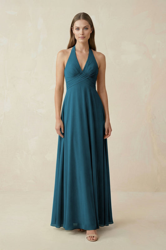 A-Line Pleated Chiffon V-Neck Bridesmaid Dress in Dark Teal