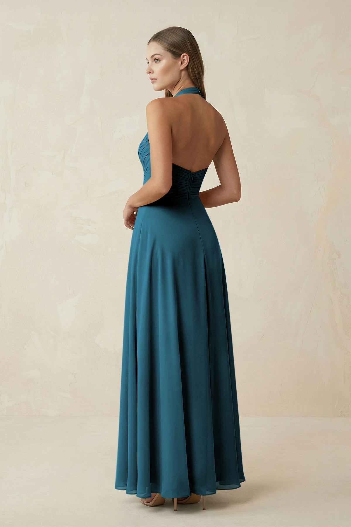 A-Line Pleated Chiffon V-Neck Bridesmaid Dress in Dark Teal