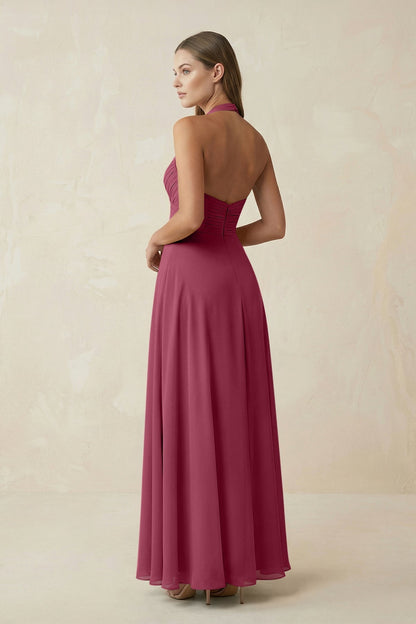 A-Line Pleated Chiffon V-Neck Bridesmaid Dress in Desert Rose