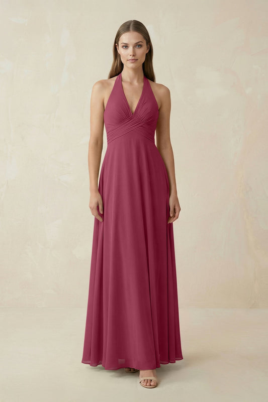 A-Line Pleated Chiffon V-Neck Bridesmaid Dress in Desert Rose