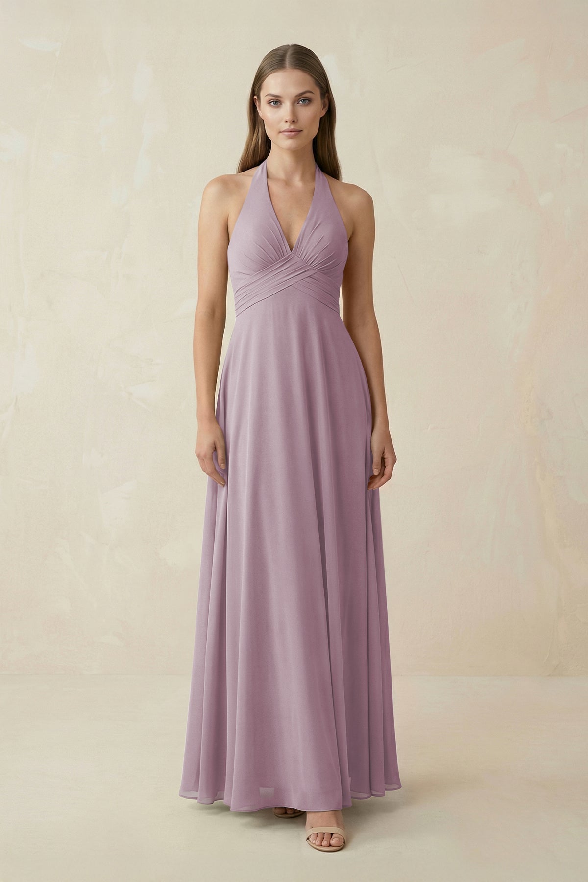 A-Line Pleated Chiffon V-Neck Bridesmaid Dress in Dusk