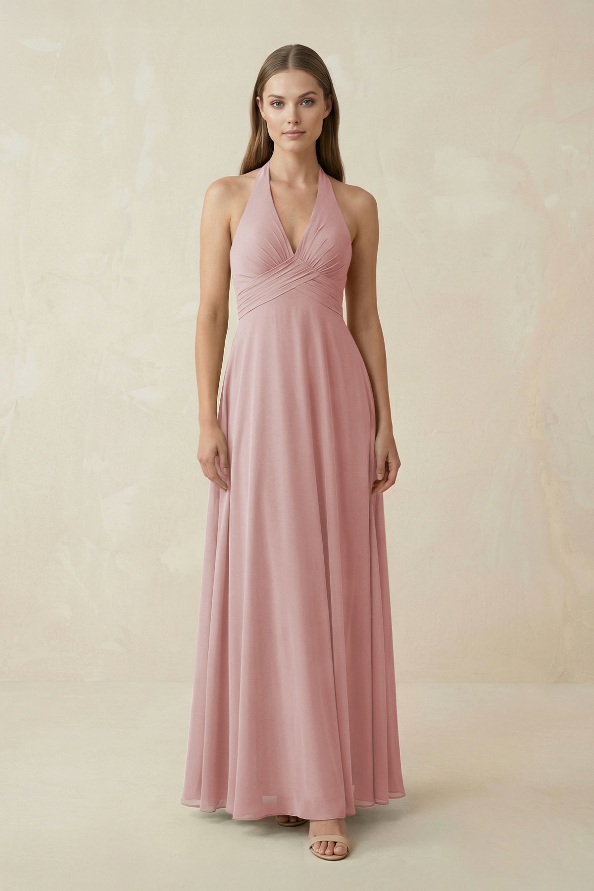 A-Line Pleated Chiffon V-Neck Bridesmaid Dress in Dusty Rose