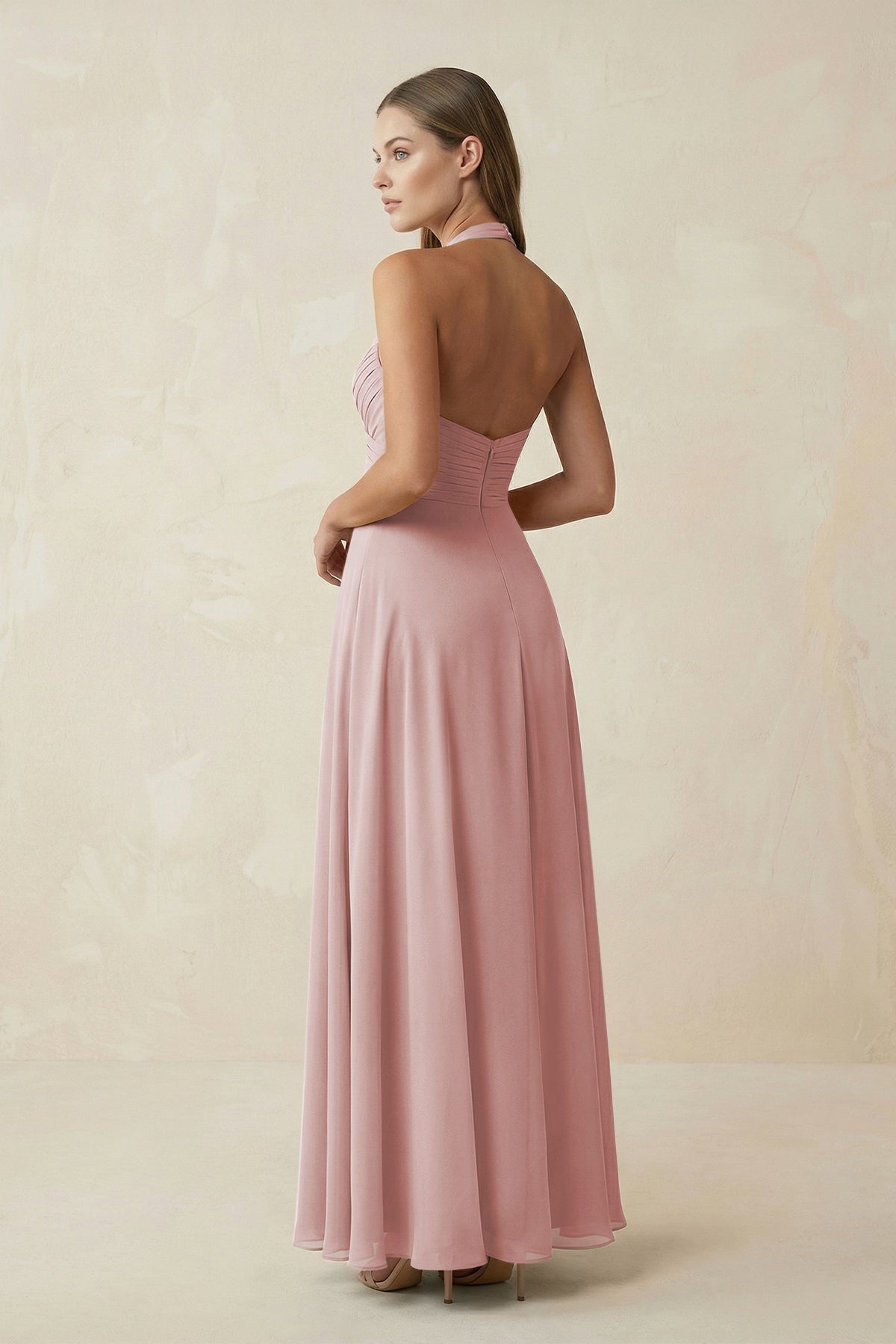 A-Line Pleated Chiffon V-Neck Bridesmaid Dress in Dusty Rose