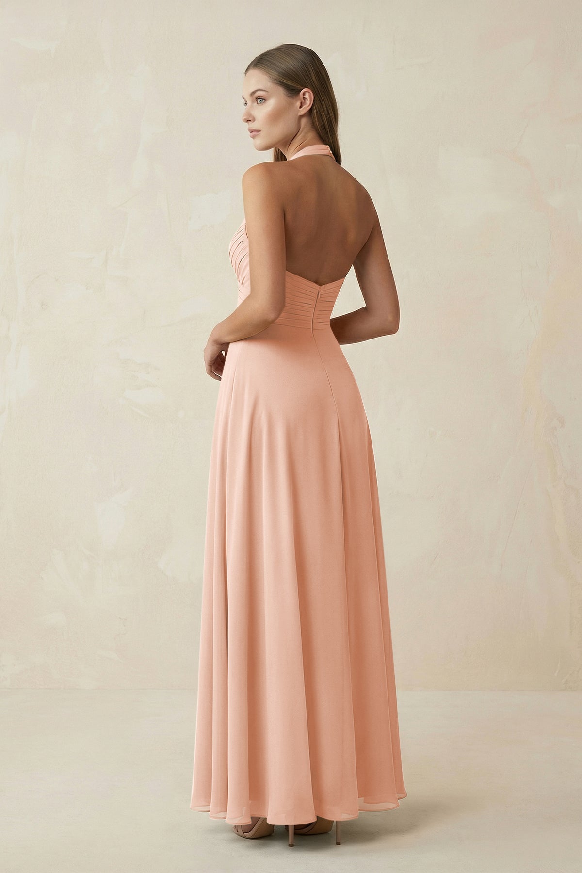 A-Line Pleated Chiffon V-Neck Bridesmaid Dress in English Rose