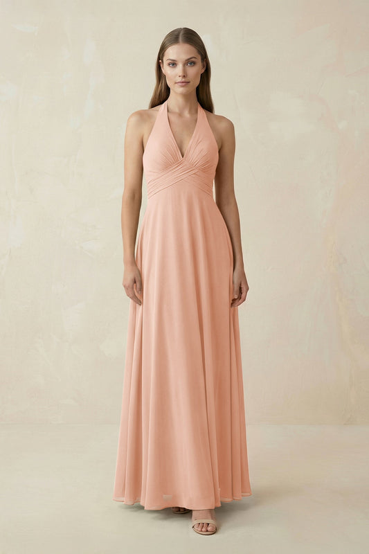 A-Line Pleated Chiffon V-Neck Bridesmaid Dress in English Rose